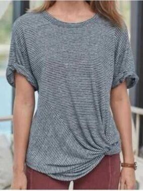 Sundance Ashlyn Linen Blend Black & White Striped Twist Front Tee Medium